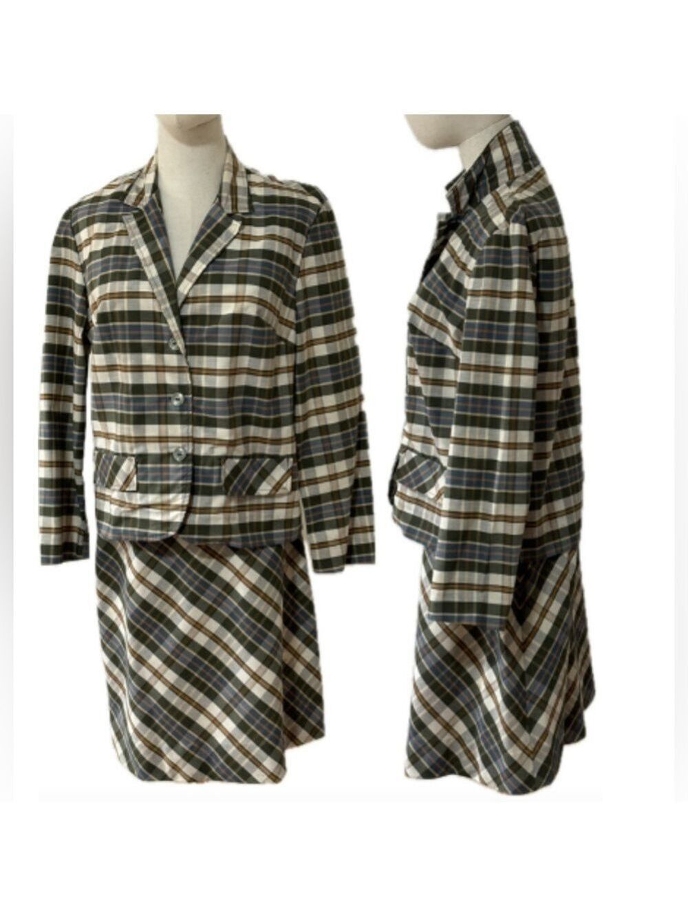 60s COTTON BLEND PLAID BOXY JACKET & A-LINE SKIRT 2 PC SUIT QUEEN CASUALS 12